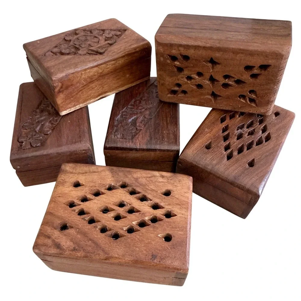 6 Rosewood Trinket Pill Mini Stash Boxes Various Designs 3x2 Vintage India 1970s